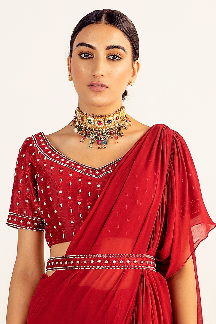 Red Viscose Georgette Pre-Stitched Draped Wedding Saree Set by Keosha at Pernia's Pop Up Shop