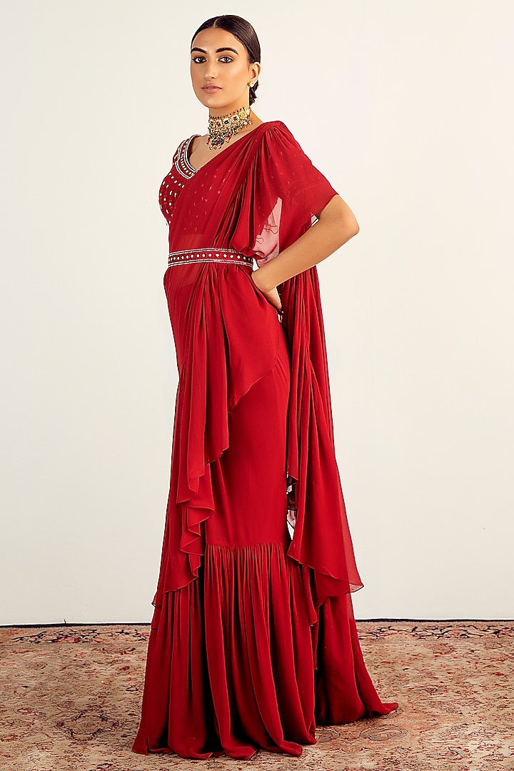 Red Viscose Georgette Pre-Stitched Draped Wedding Saree Set by Keosha at Pernia's Pop Up Shop