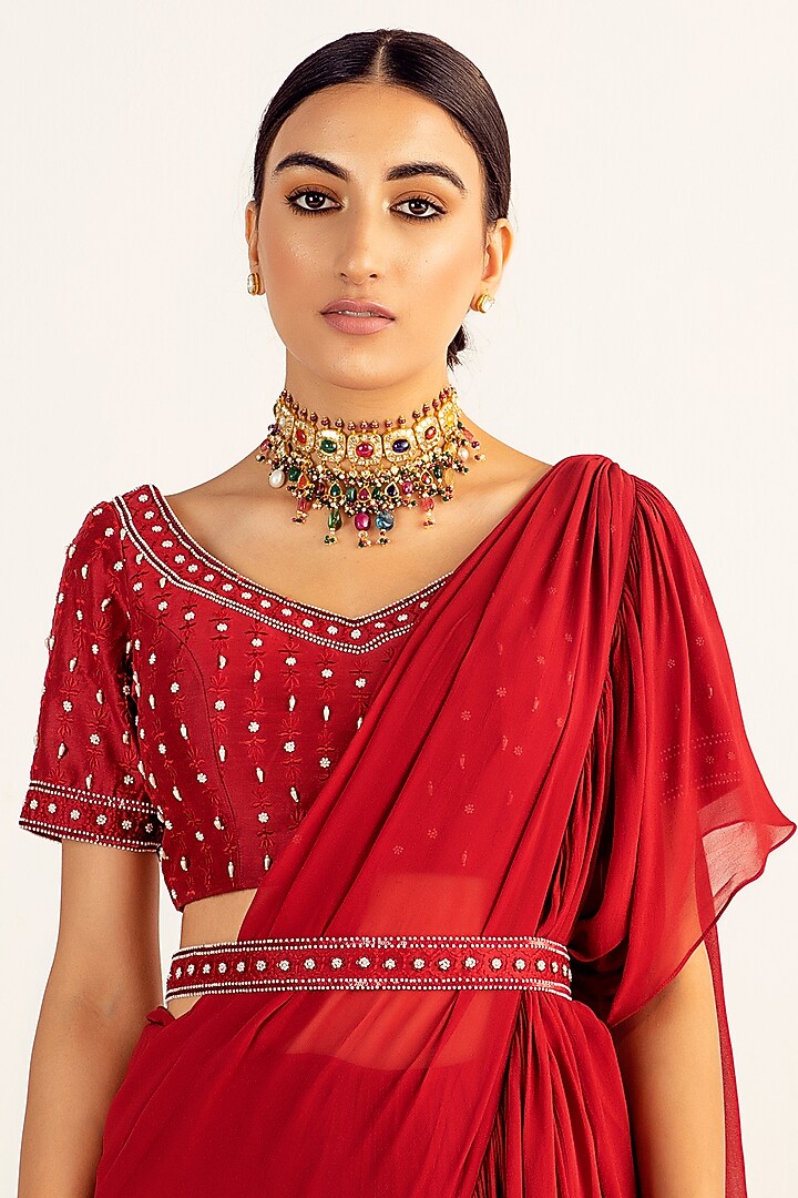 Red Silk Chanderi Padded Blouse by Keosha at Pernia's Pop Up Shop