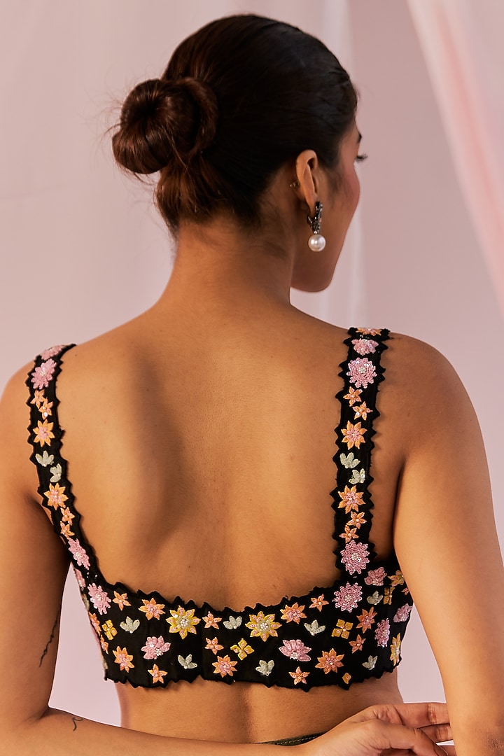 Black Silk Chanderi Embroidered Blouse by Keosha at Pernia's Pop Up Shop