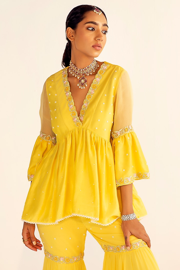 Yellow Viscose Georgette Party Wear Sharara Set by Keosha at Pernia's Pop Up Shop