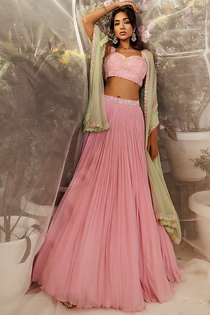 Candy Pink Crepe Lehenga Set by Keosha at Pernia's Pop Up Shop