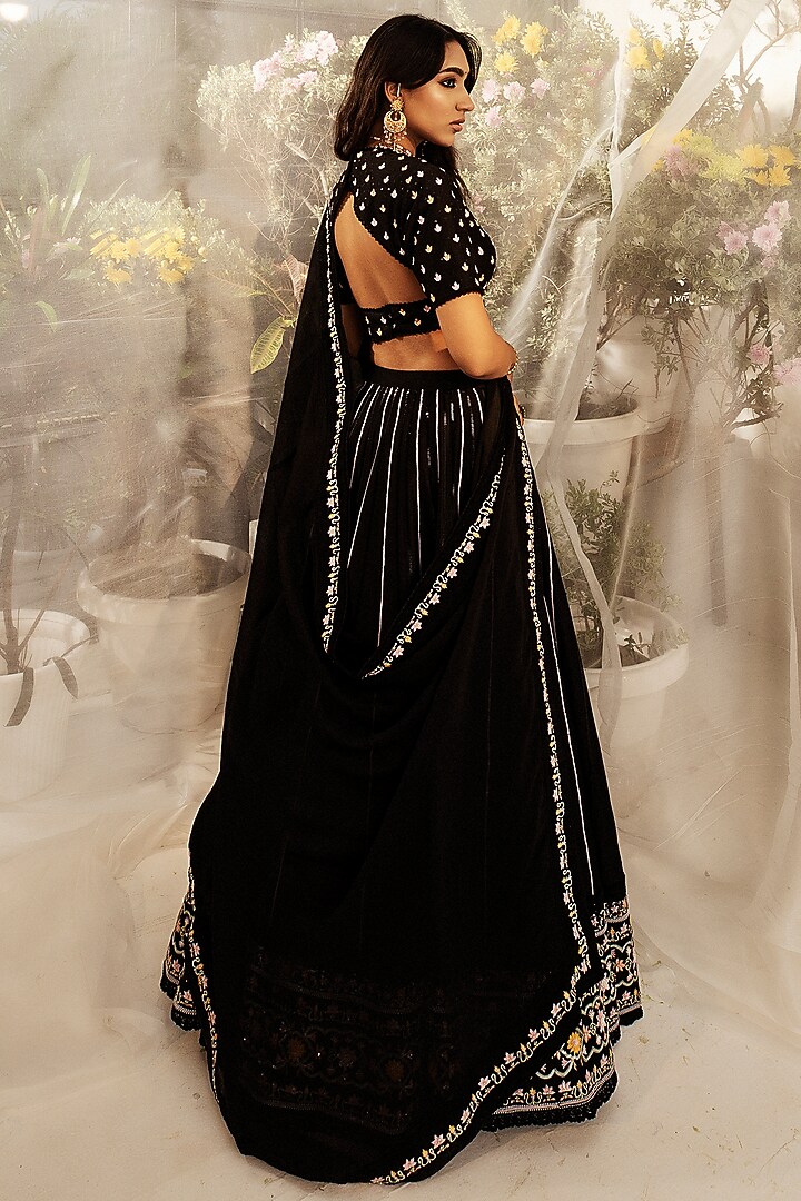 Black Silk Chanderi Embroidered Wedding Lehenga Set by Keosha at Pernia's Pop Up Shop