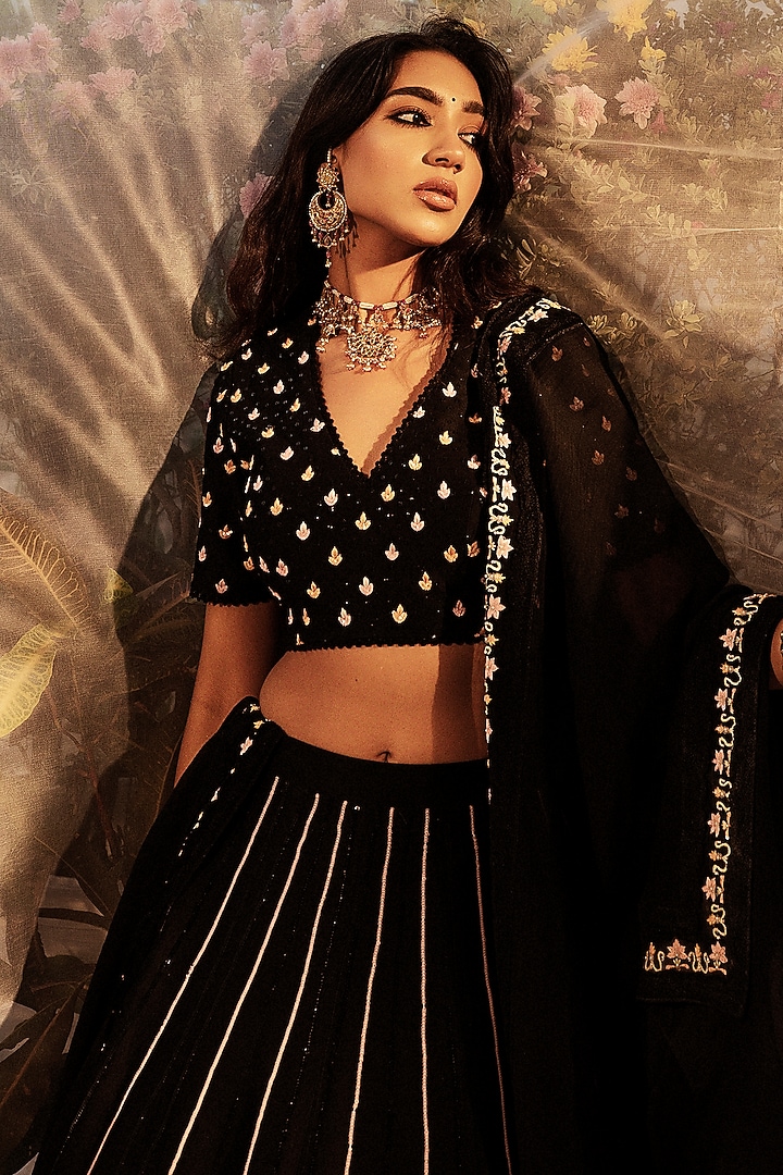 Black Silk Chanderi Embroidered Wedding Lehenga Set by Keosha at Pernia's Pop Up Shop