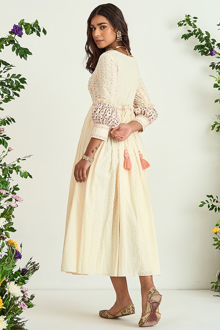 Cannoli Cream Embroidered Self Mulmul Midi Summer Dress by Keosha at Pernia's Pop Up Shop
