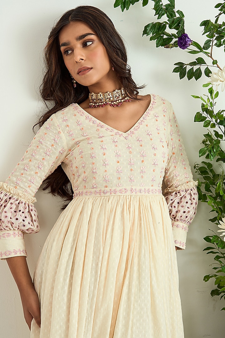 Cannoli Cream Embroidered Self Mulmul Midi Summer Dress by Keosha at Pernia's Pop Up Shop