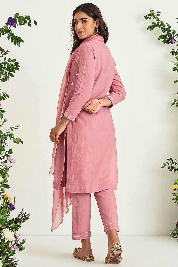 Onion Pink Pure Cotton Embroidered Kurta Set by Keosha at Pernia's Pop Up Shop