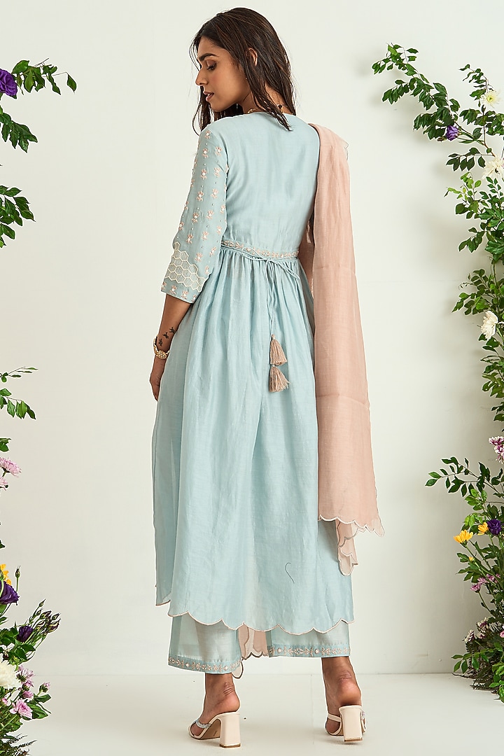 Ice Blue Silk Chanderi Embroidered Kurta Set by Keosha at Pernia's Pop Up Shop