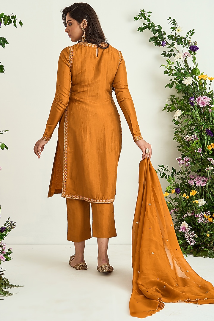 Mustard Upada Silk Embroidered Kurta Set by Keosha at Pernia's Pop Up Shop