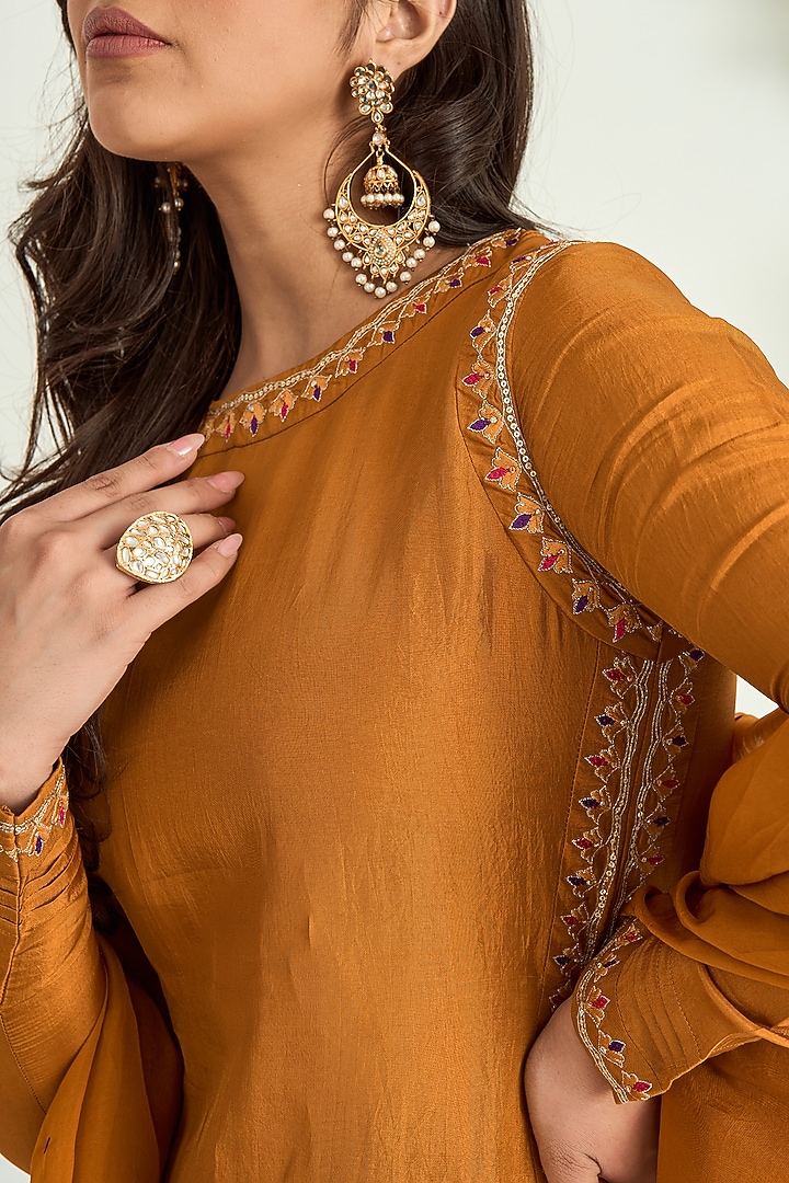 Mustard Upada Silk Embroidered Kurta Set by Keosha at Pernia's Pop Up Shop