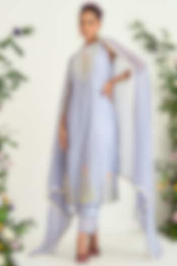 Ice Blue Silk Chanderi Embroidered Kurta Set by Keosha at Pernia's Pop Up Shop
