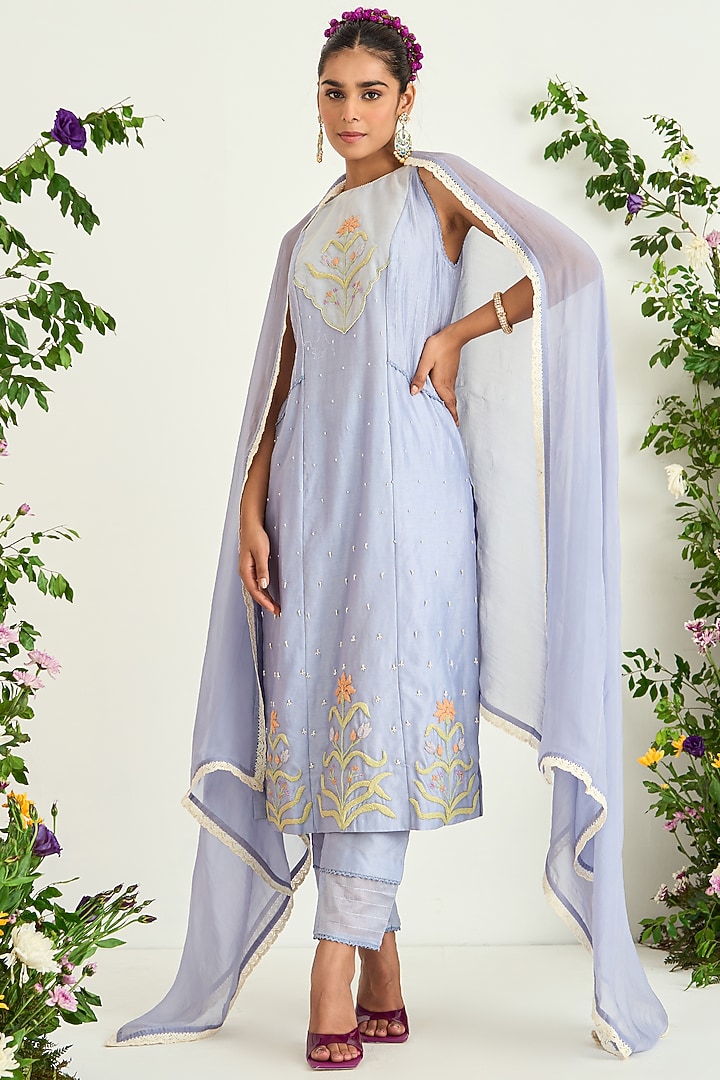Ice Blue Silk Chanderi Embroidered Kurta Set by Keosha at Pernia's Pop Up Shop