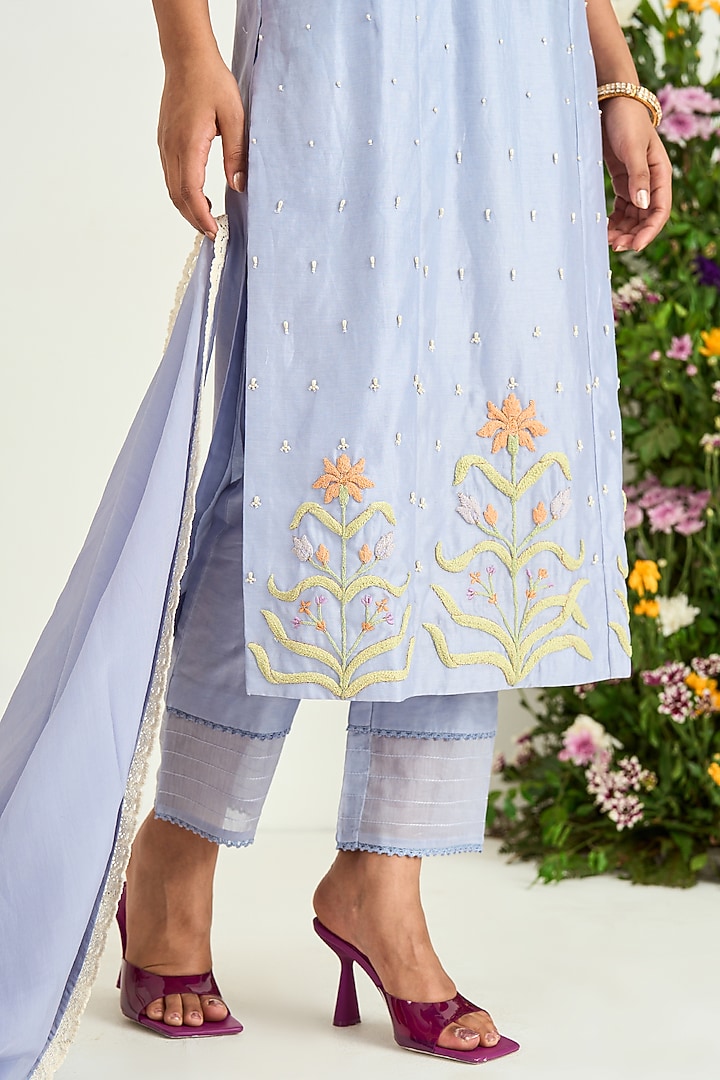 Ice Blue Silk Chanderi Embroidered Kurta Set by Keosha at Pernia's Pop Up Shop