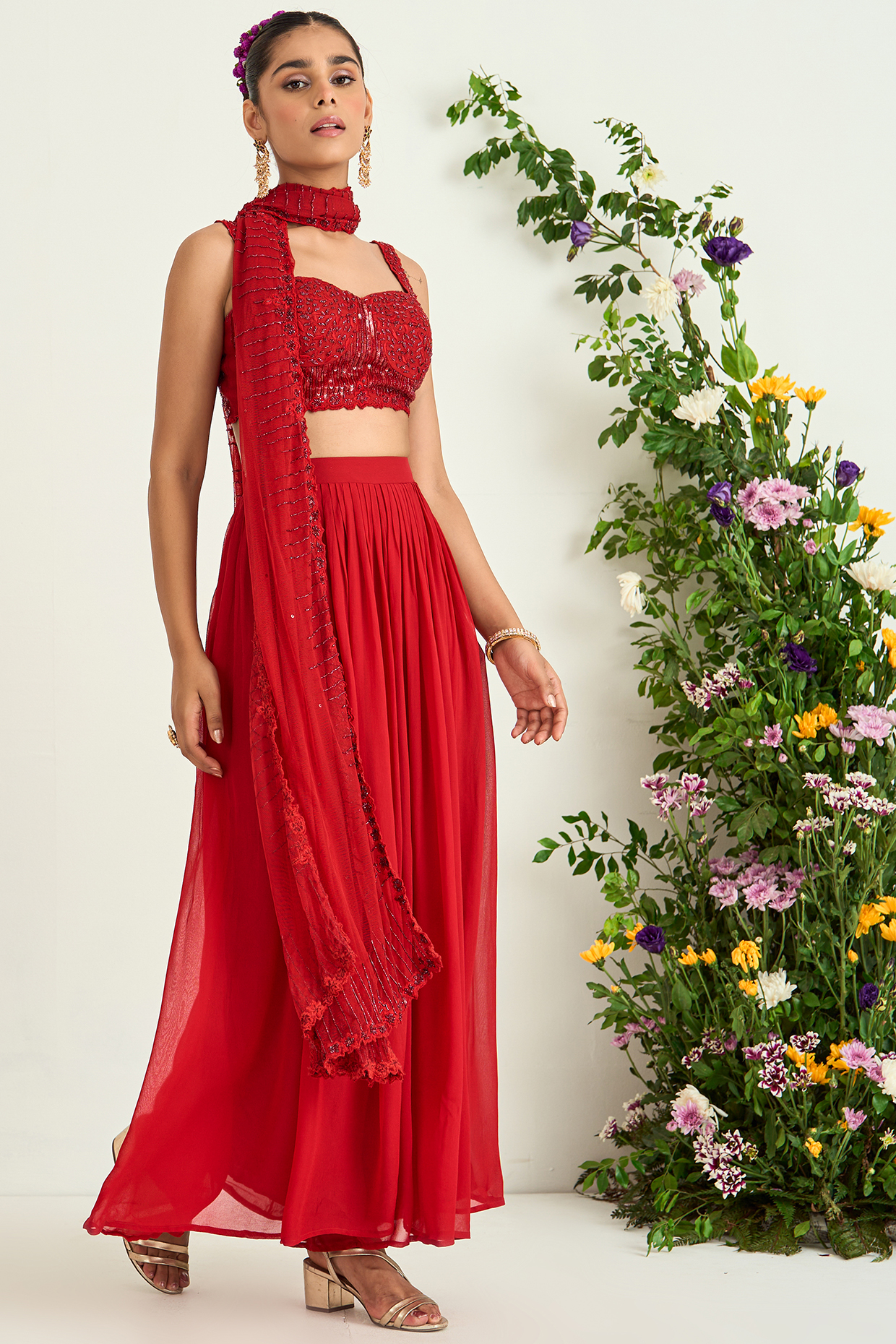 Red Georgette Flared Pant Set by Keosha at Pernia's Pop Up Shop