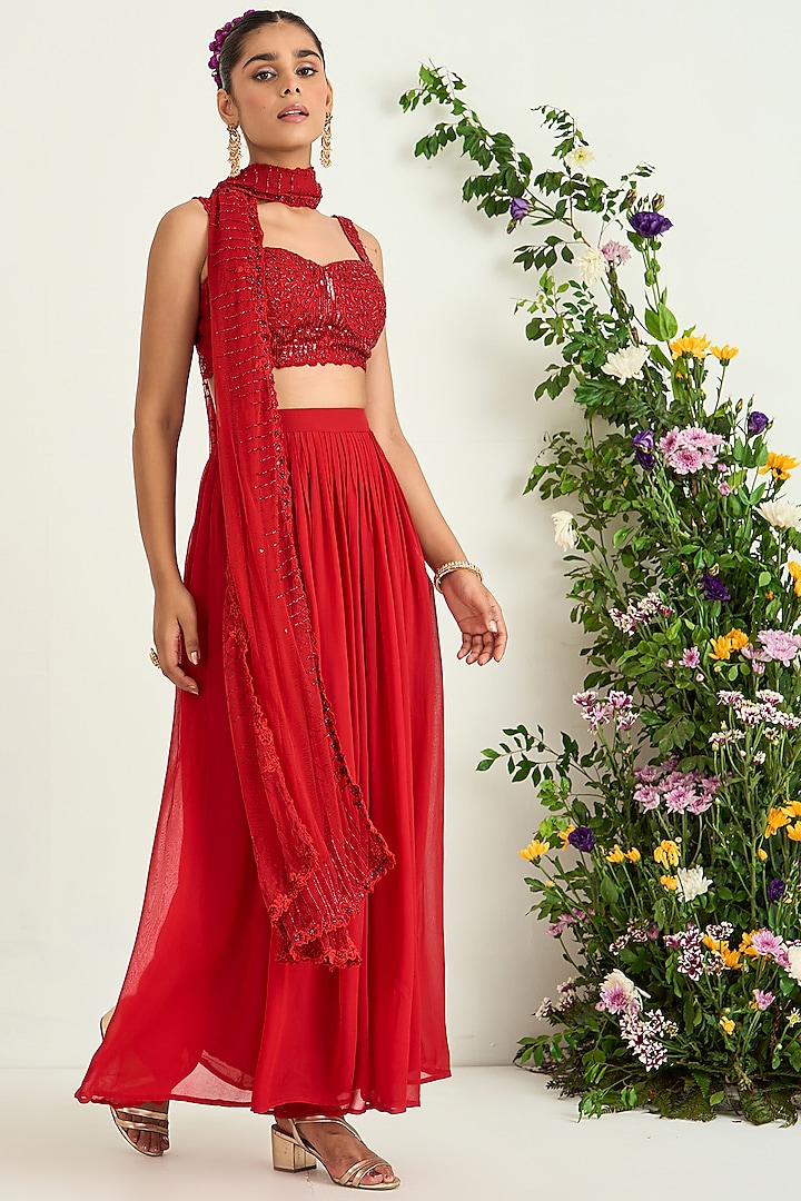 Red Georgette Flared Pant Set by Keosha at Pernia's Pop Up Shop