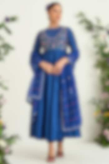 Classic Blue Silk Chanderi Embroidered Anarkali Set by Keosha at Pernia's Pop Up Shop