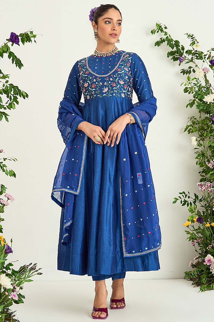 Classic Blue Silk Chanderi Embroidered Anarkali Set by Keosha at Pernia's Pop Up Shop