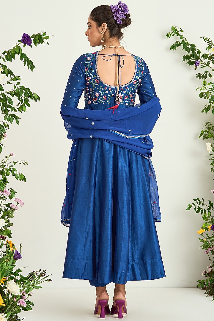 Classic Blue Silk Chanderi Embroidered Party Wear Anarkali Set by Keosha at Pernia's Pop Up Shop