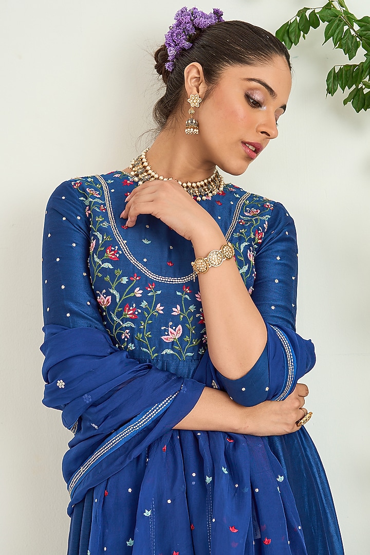 Classic Blue Silk Chanderi Embroidered Party Wear Anarkali Set by Keosha at Pernia's Pop Up Shop