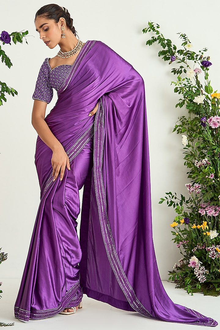 Purple Satin Embroidered Party Wear Saree Set by Keosha at Pernia's Pop Up Shop
