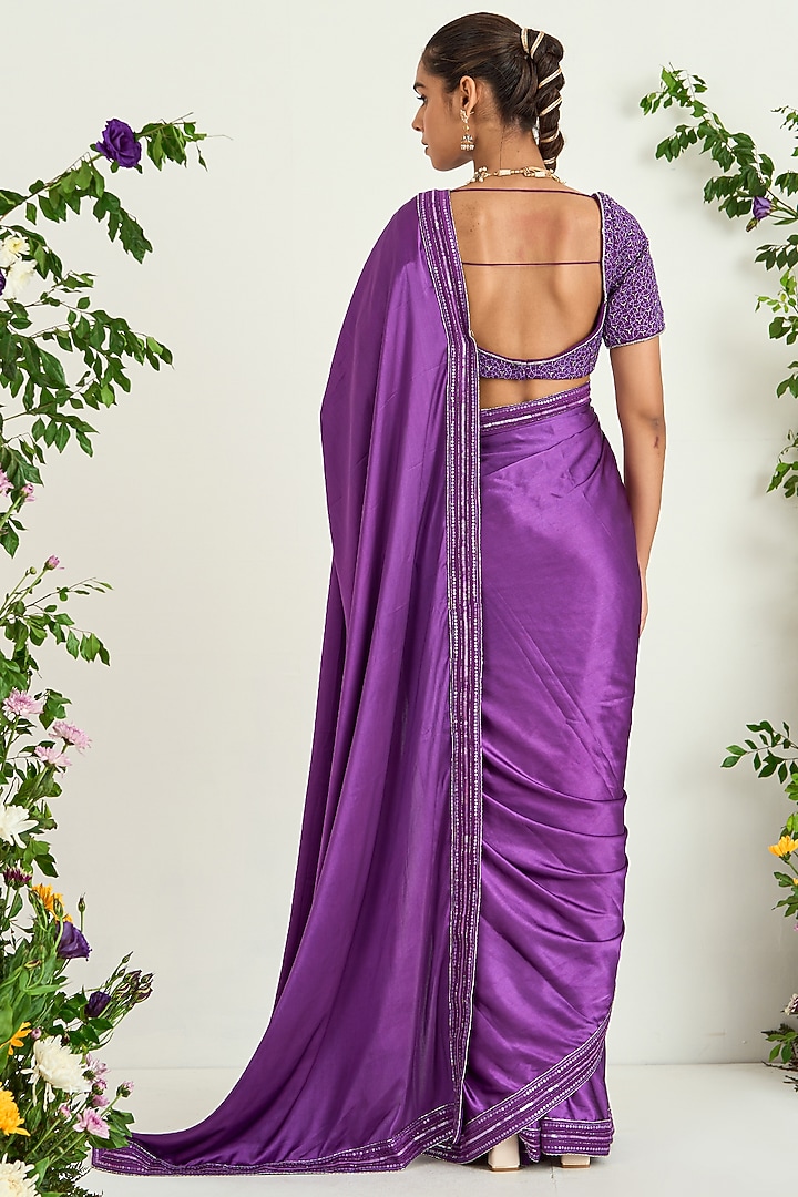 Purple Satin Embroidered Party Wear Saree Set by Keosha at Pernia's Pop Up Shop
