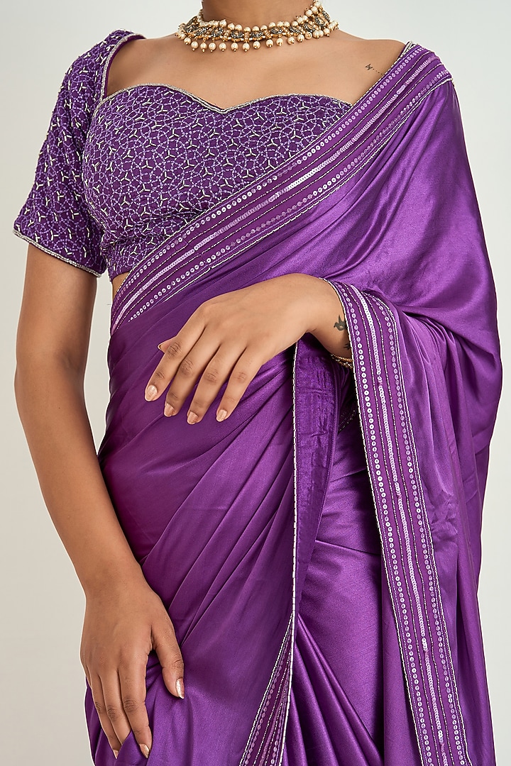 Purple Satin Embroidered Party Wear Saree Set by Keosha at Pernia's Pop Up Shop