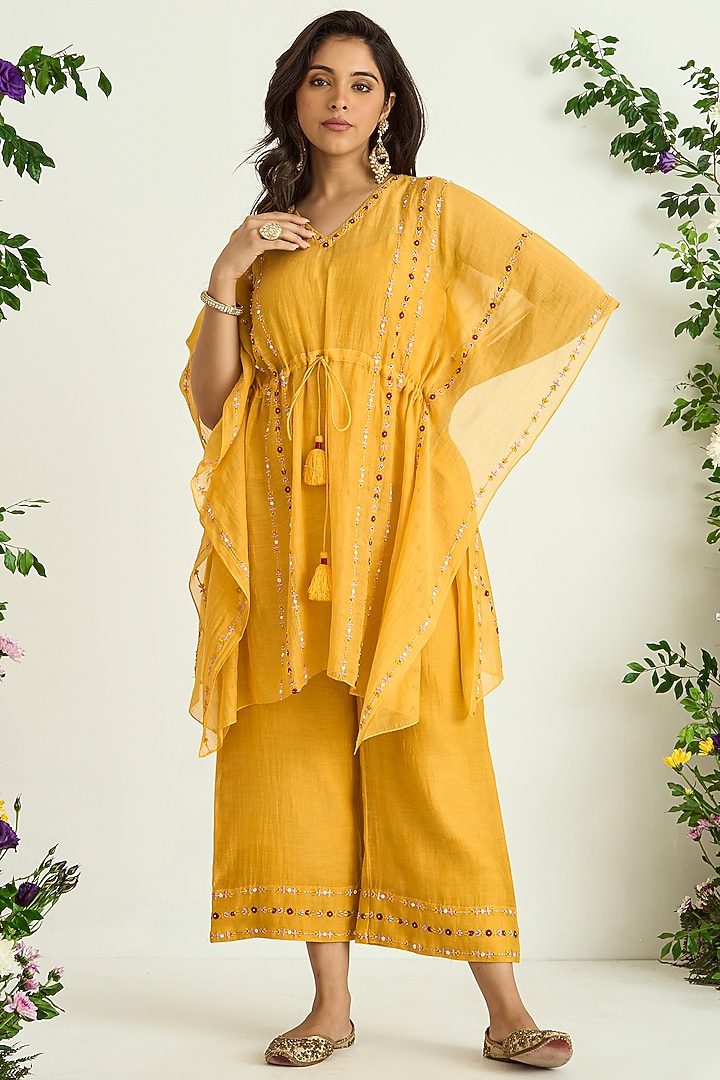 Yellow Silk Chanderi Embroidered Kaftan by Keosha at Pernia's Pop Up Shop