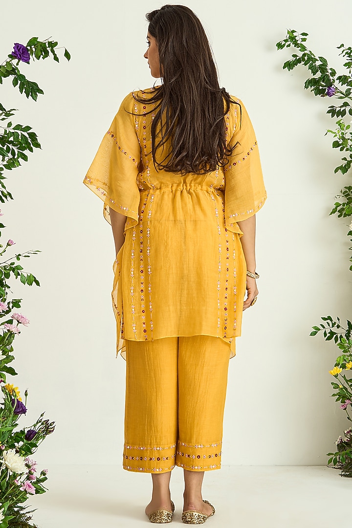 Yellow Silk Chanderi Embroidered Kaftan by Keosha at Pernia's Pop Up Shop