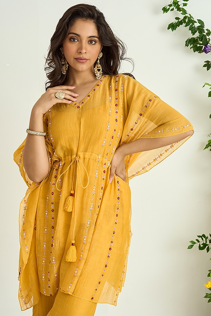 Yellow Silk Chanderi Embroidered Kaftan by Keosha at Pernia's Pop Up Shop