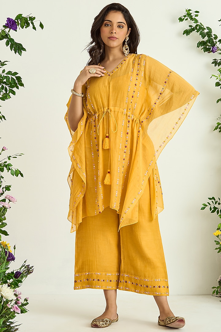 Yellow Silk Chanderi Embroidered Kaftan Set by Keosha at Pernia's Pop Up Shop