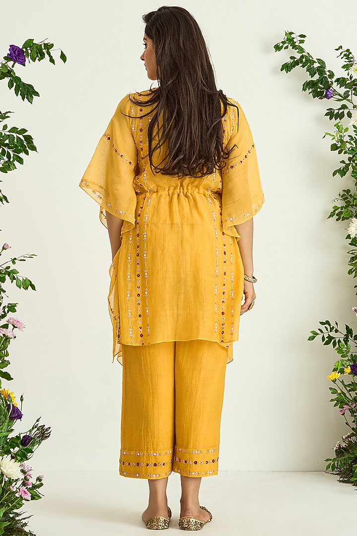 Yellow Silk Chanderi Embroidered Kaftan Set by Keosha at Pernia's Pop Up Shop