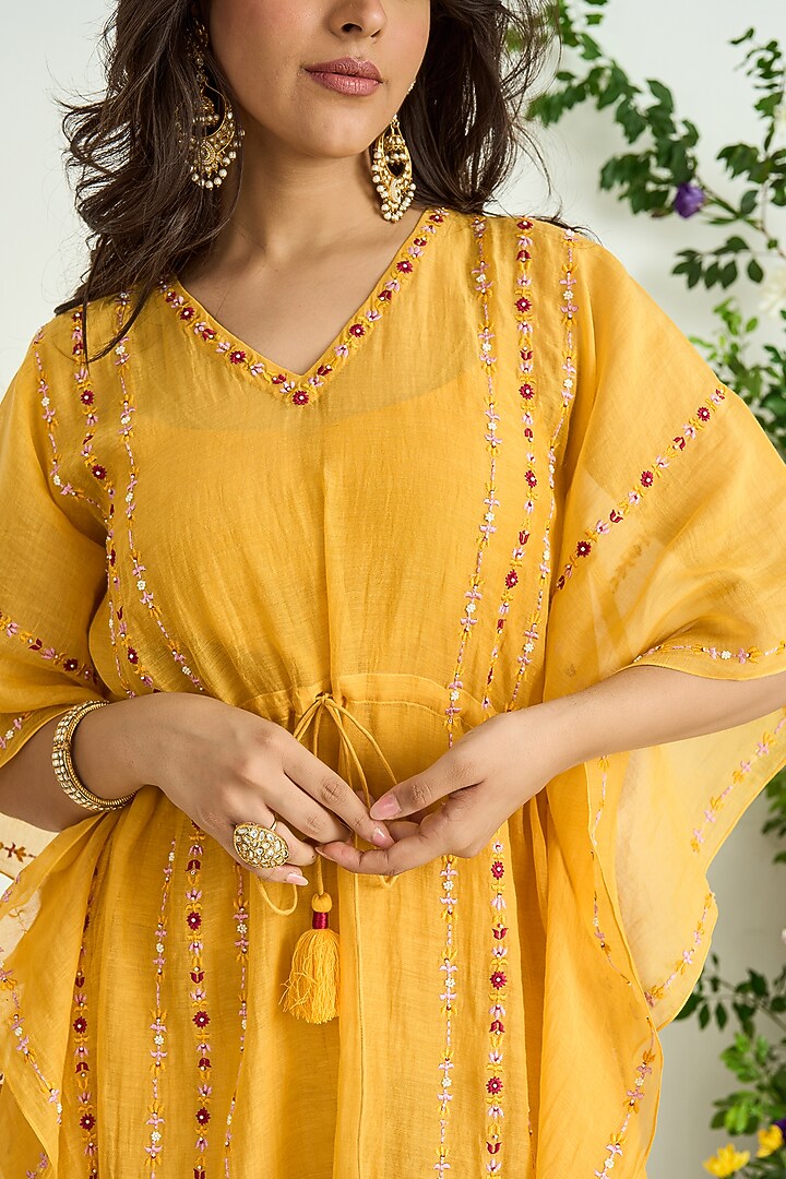 Yellow Silk Chanderi Embroidered Kaftan Set by Keosha at Pernia's Pop Up Shop