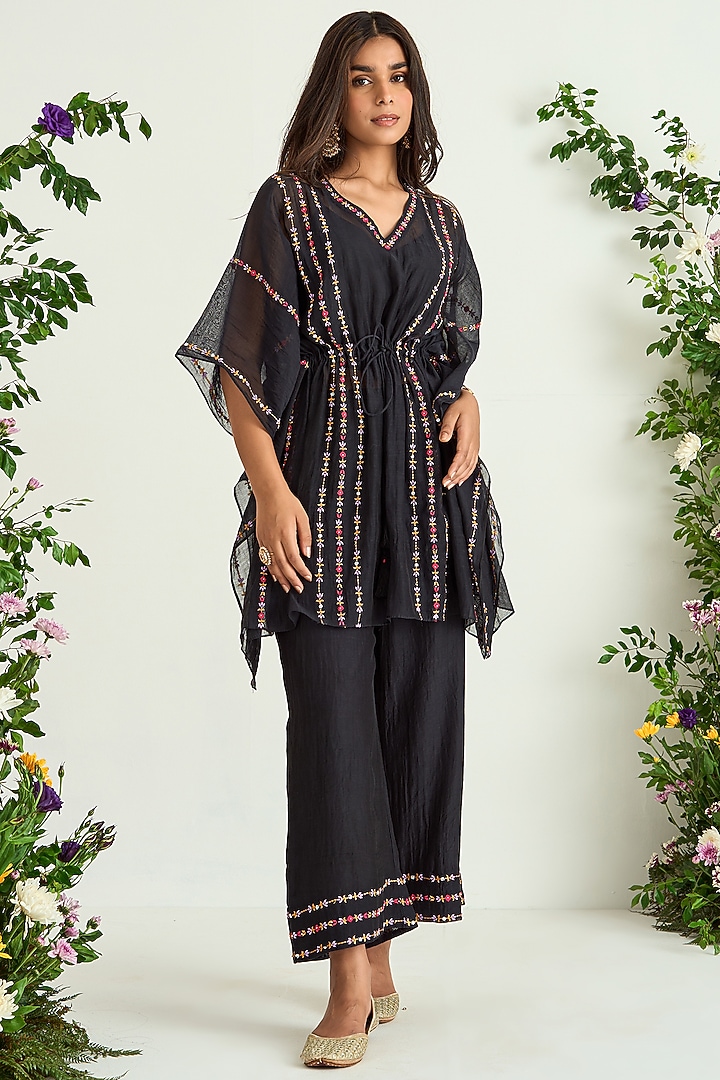 Black Silk Chanderi Embroidered Kaftan by Keosha at Pernia's Pop Up Shop
