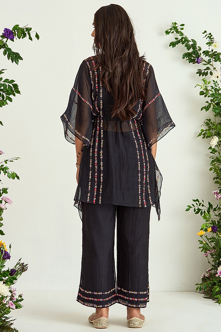 Black Silk Chanderi Embroidered Kaftan by Keosha at Pernia's Pop Up Shop