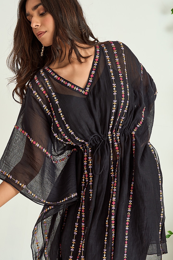 Black Silk Chanderi Embroidered Kaftan by Keosha at Pernia's Pop Up Shop