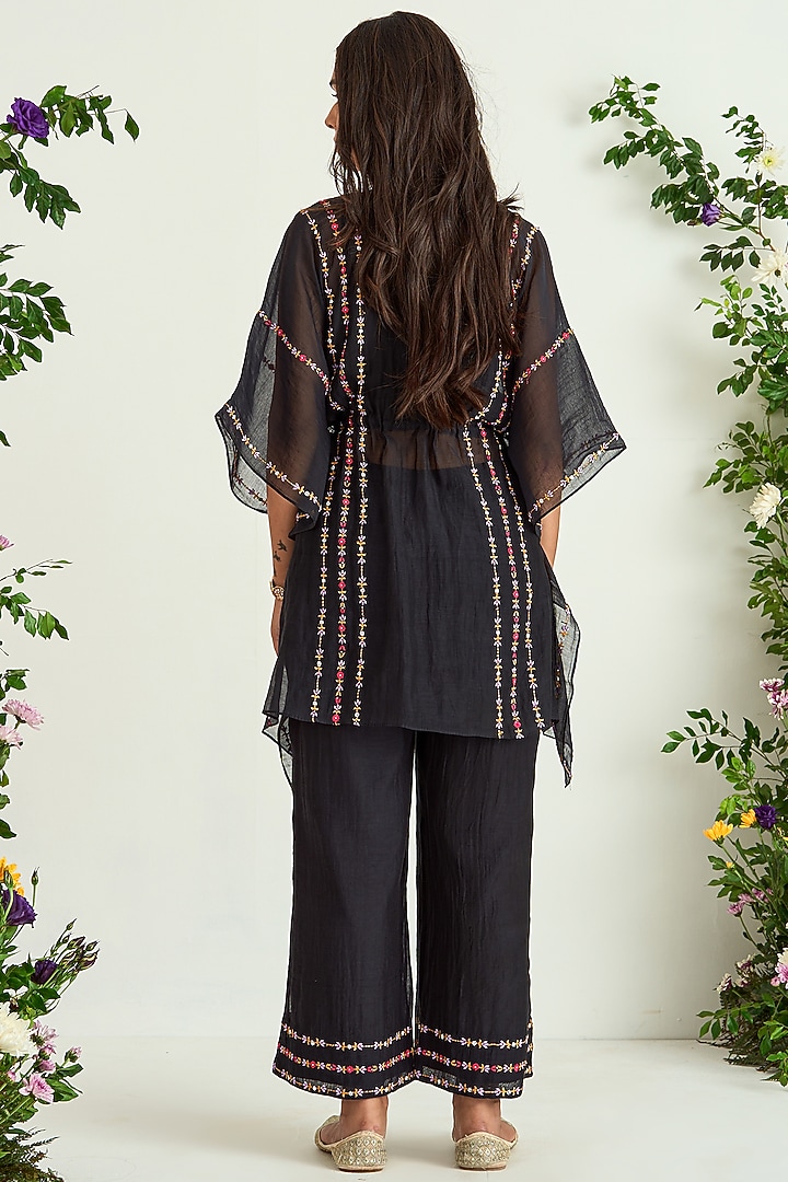 Black Silk Chanderi Embroidered Kaftan Set by Keosha at Pernia's Pop Up Shop