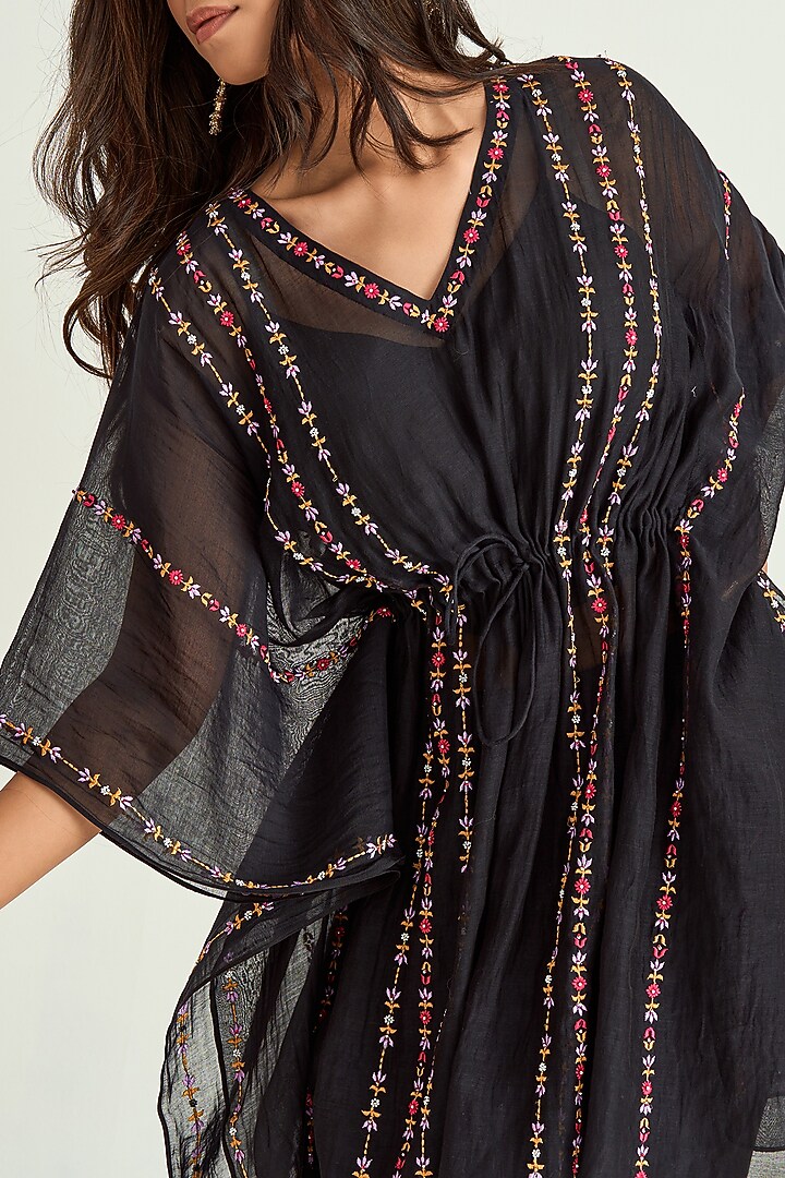 Black Silk Chanderi Embroidered Kaftan Set by Keosha at Pernia's Pop Up Shop