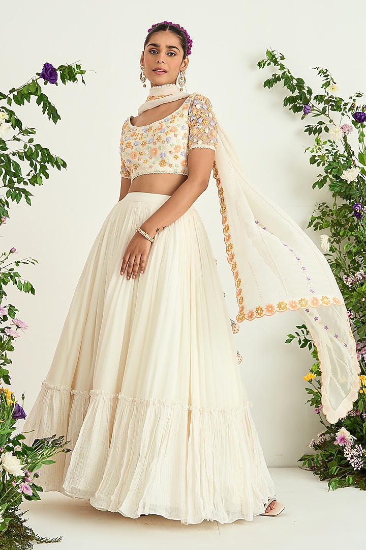 Ivory Silk Chanderi & Georgette Wedding Lehenga Set by Keosha at Pernia's Pop Up Shop