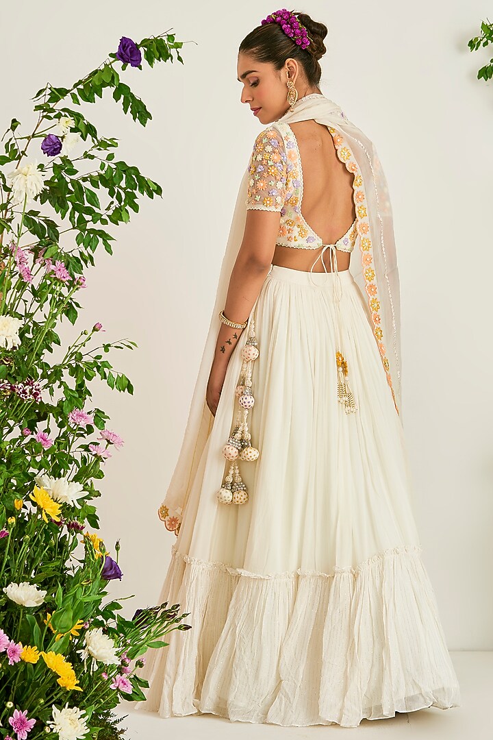 Ivory Silk Chanderi & Georgette Wedding Lehenga Set by Keosha at Pernia's Pop Up Shop