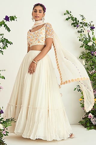 Ivory Silk Chanderi & Soft Net Embellished Blouse by Keosha