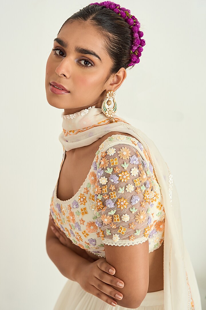 Ivory Silk Chanderi & Soft Net Embellished Blouse by Keosha at Pernia's Pop Up Shop