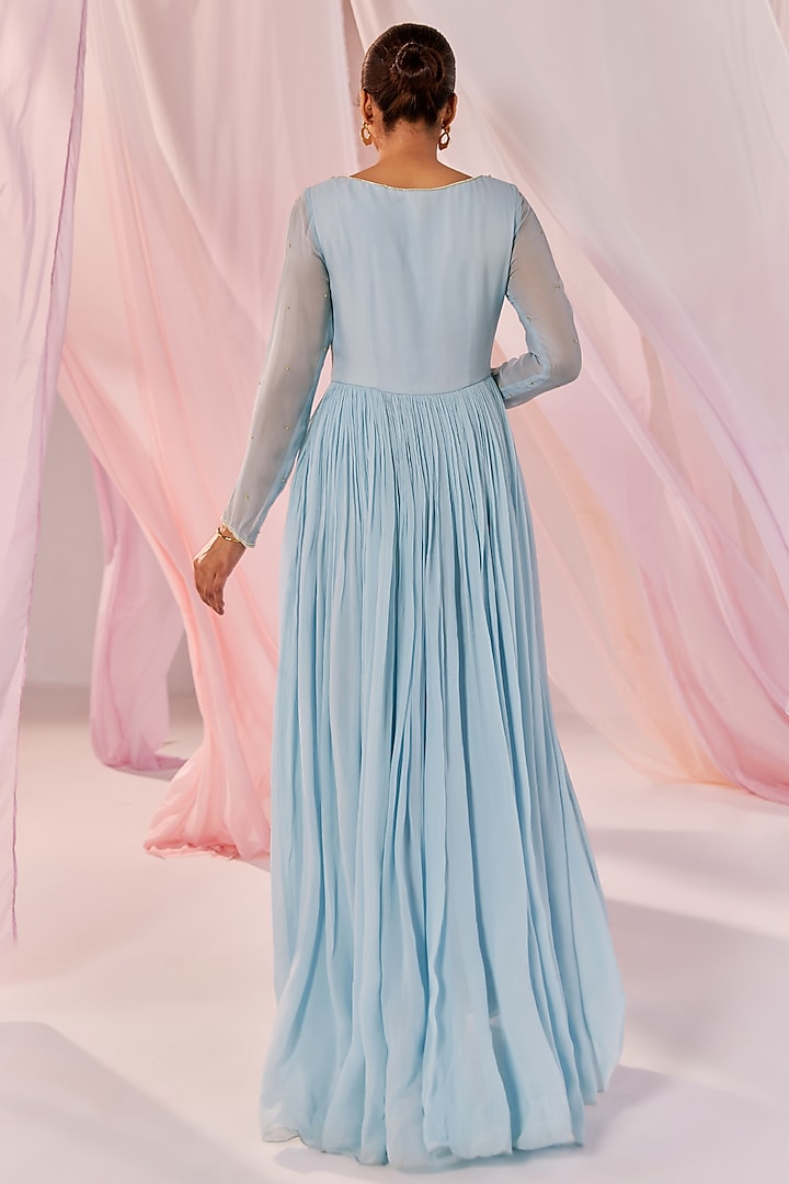 Blue Viscose Georgette Hand Embellished Party Wear Anarkali Set by Keosha at Pernia's Pop Up Shop