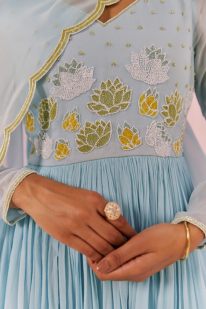 Blue Viscose Georgette Hand Embellished Party Wear Anarkali Set by Keosha at Pernia's Pop Up Shop