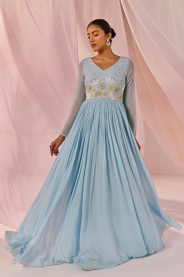 Blue Viscose Georgette Hand Embellished Party Wear Anarkali Set by Keosha at Pernia's Pop Up Shop