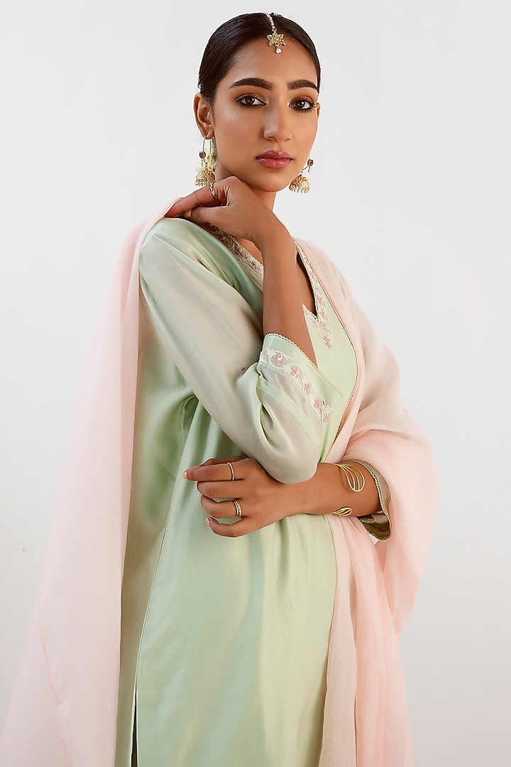 Mint Green Silk Chanderi Kurta Set by Keosha at Pernia's Pop Up Shop