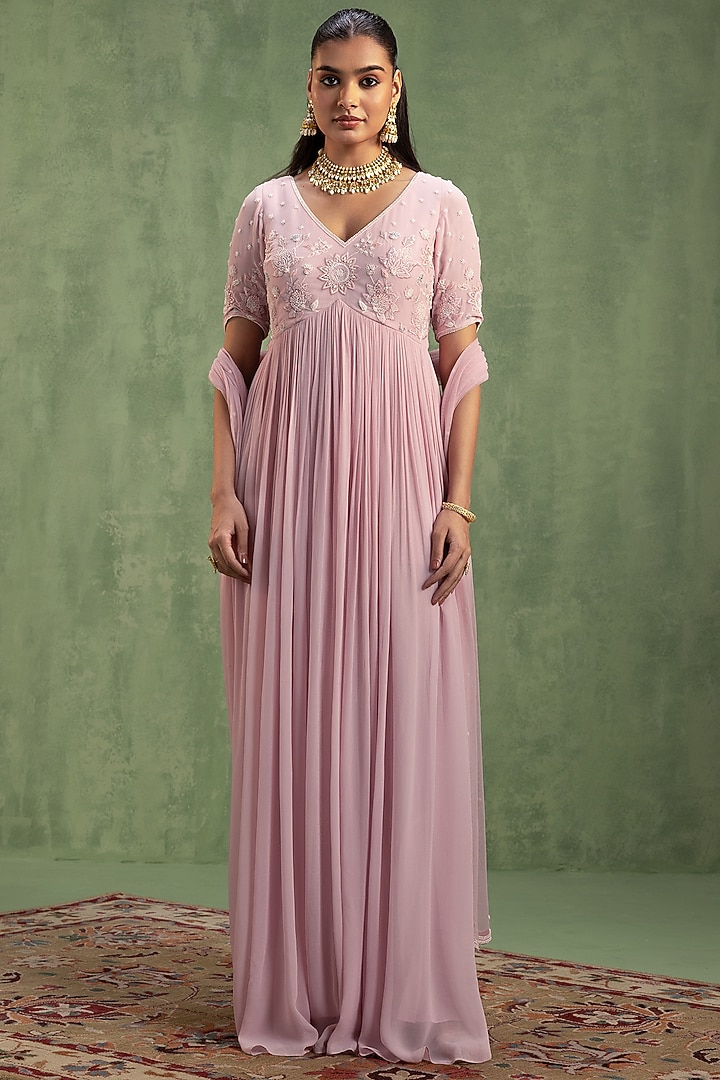 Blush Pink Georgette Resham Embellished Party Wear Anarkali With Dupatta by Keosha at Pernia's Pop Up Shop