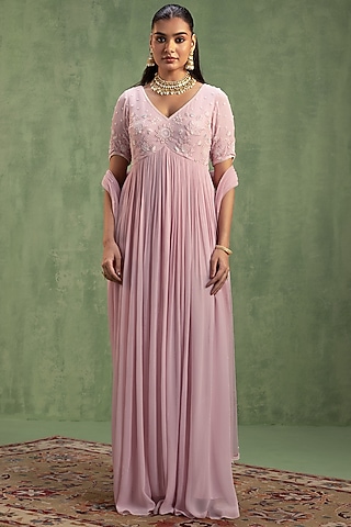 Blush Pink Georgette Resham Embellished Anarkali With Dupatta by Keosha