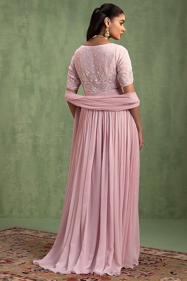 Blush Pink Georgette Resham Embellished Party Wear Anarkali With Dupatta by Keosha at Pernia's Pop Up Shop