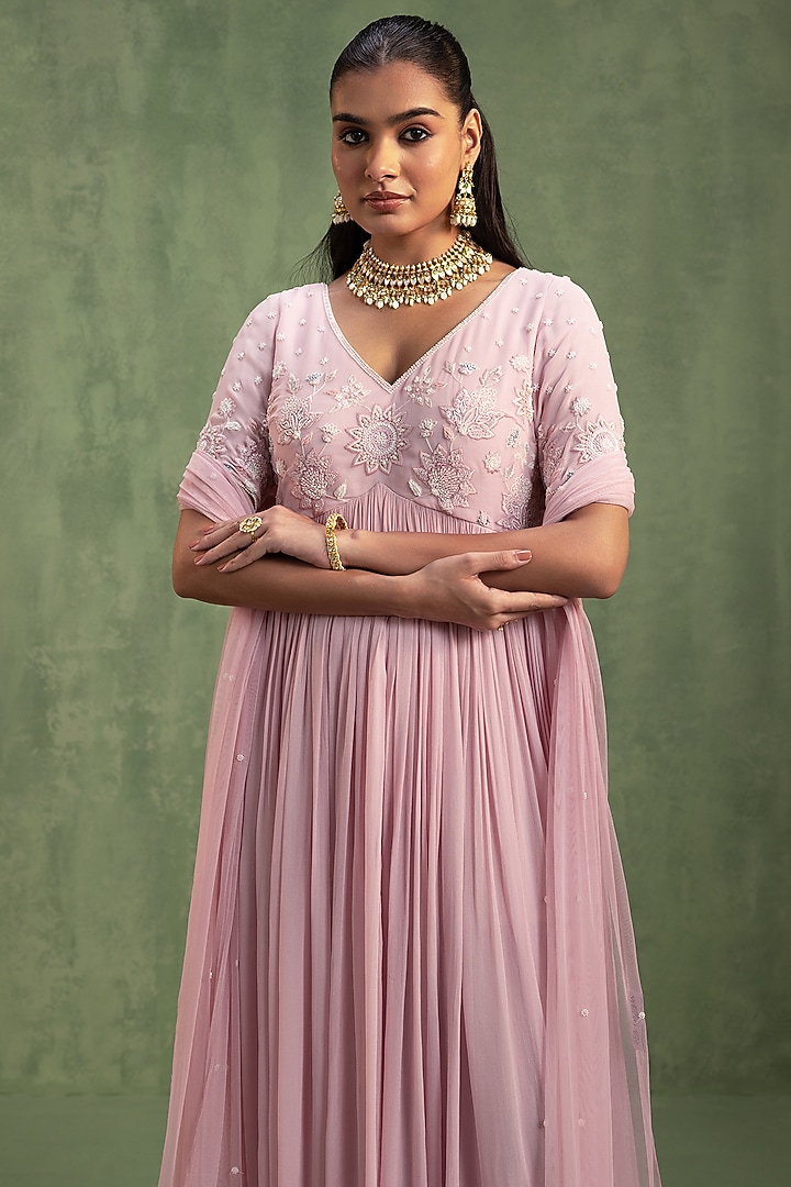 Blush Pink Georgette Resham Embellished Party Wear Anarkali With Dupatta by Keosha at Pernia's Pop Up Shop