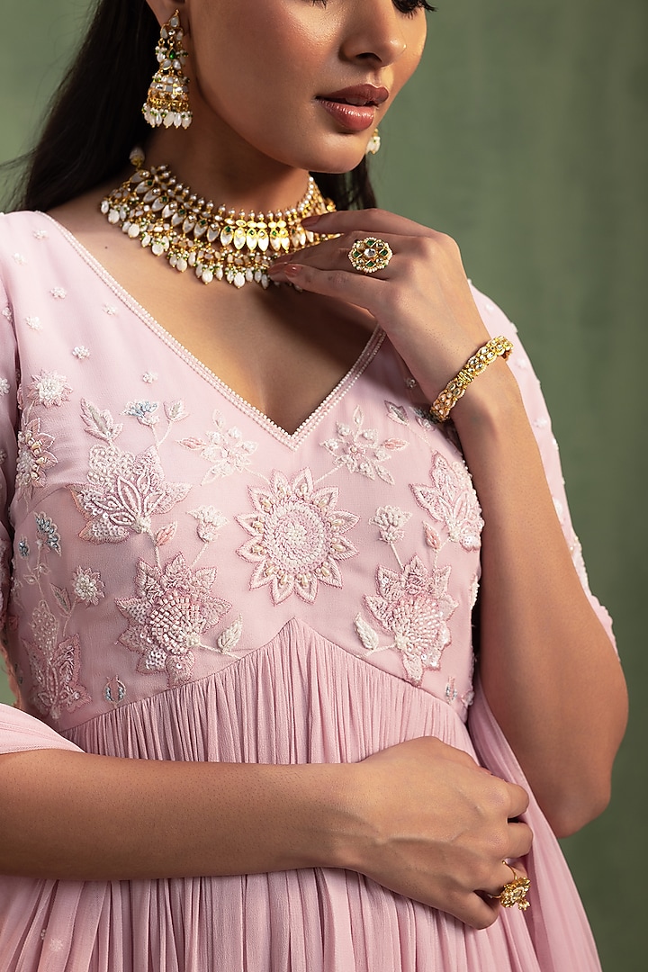 Blush Pink Georgette Resham Embellished Party Wear Anarkali With Dupatta by Keosha at Pernia's Pop Up Shop